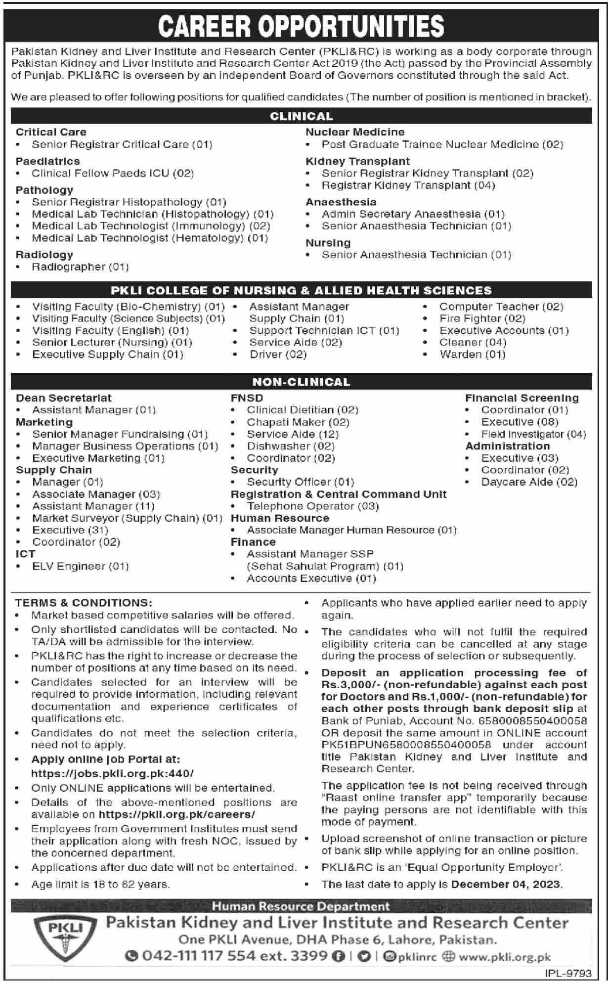 Pakistan Kidney And Liver Institute And Research Centre PKLI Lahore Jobs 2023