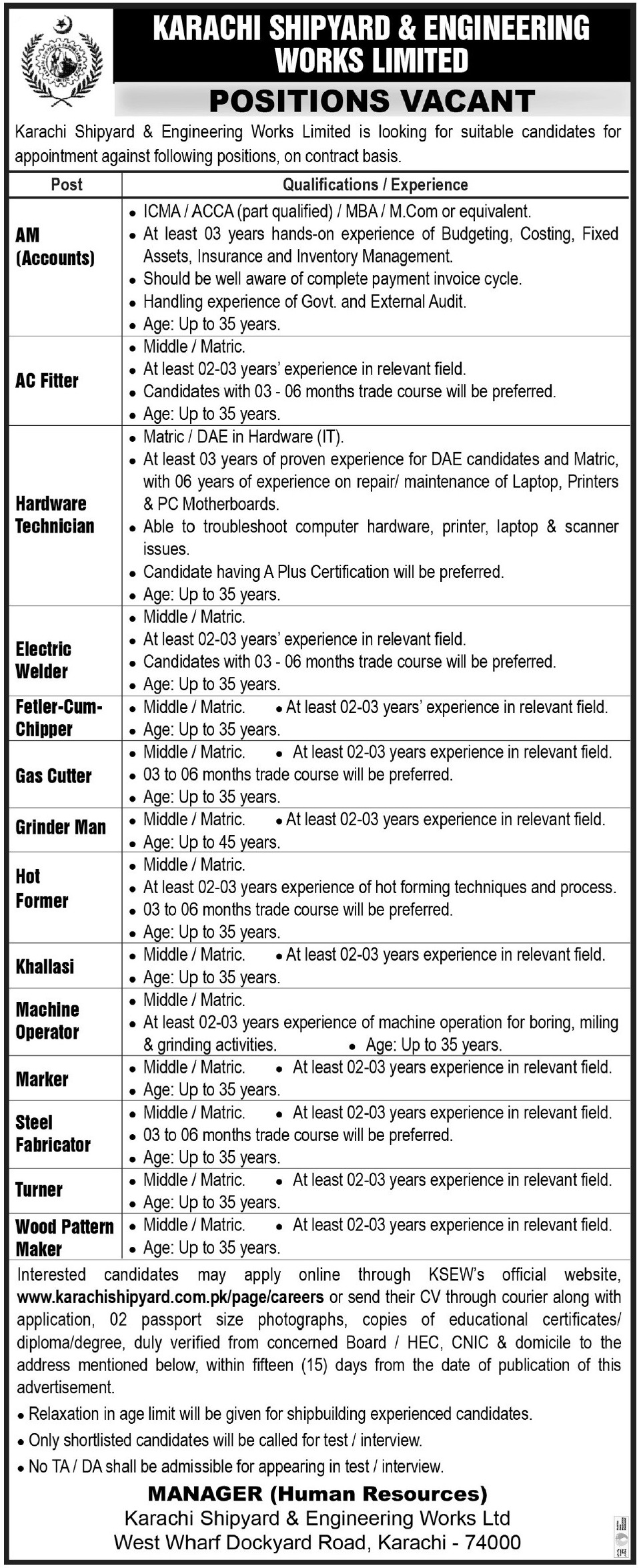 Advertisement For Karachi Shipyard and Engineering Works Limited Jobs 2023