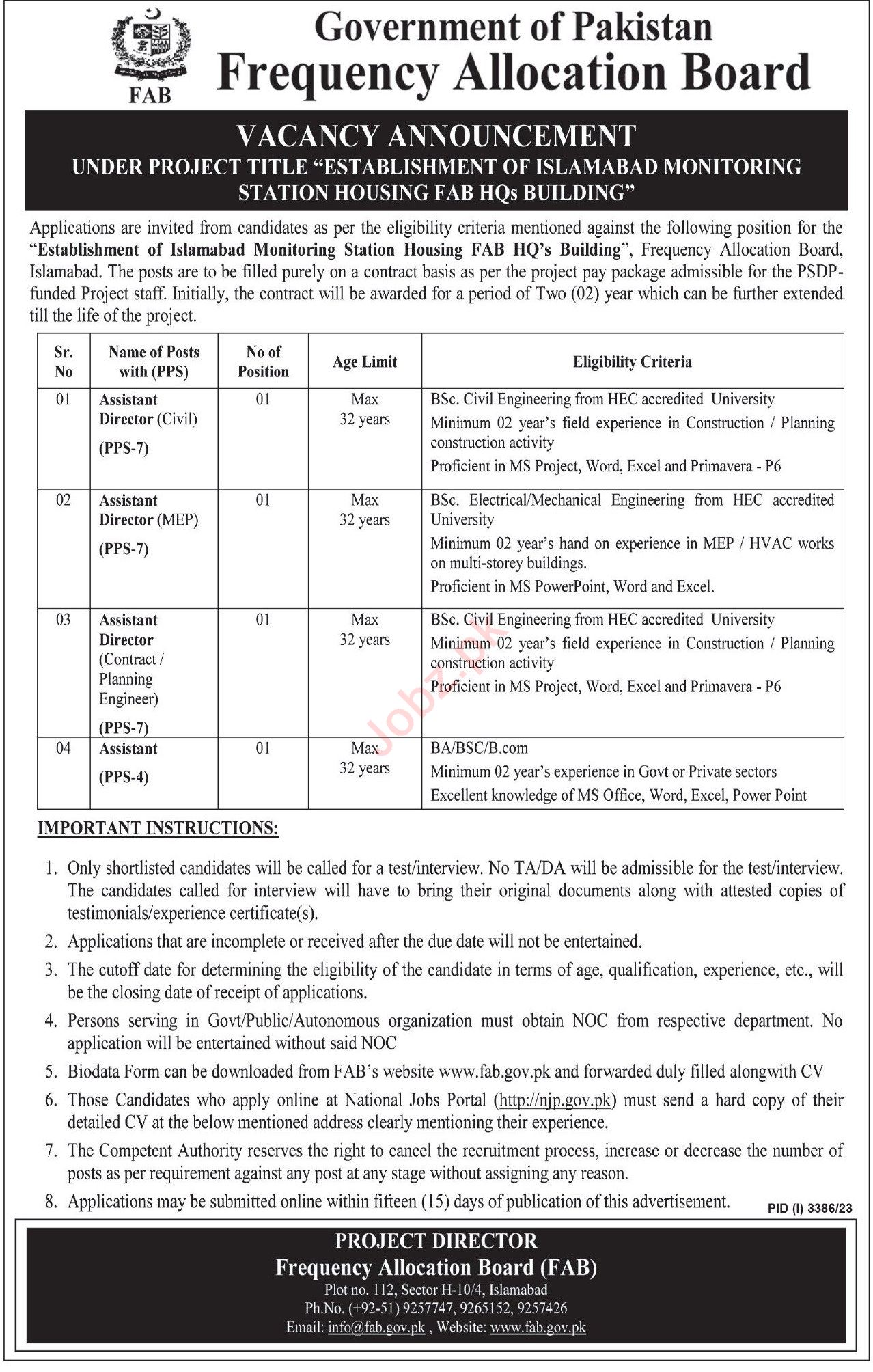 Frequency Allocation Board Islamabad Job Opportunities 2023
