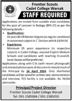 Frontier Scouts Cadet College Lecturer (BPS-17) Jobs 2024