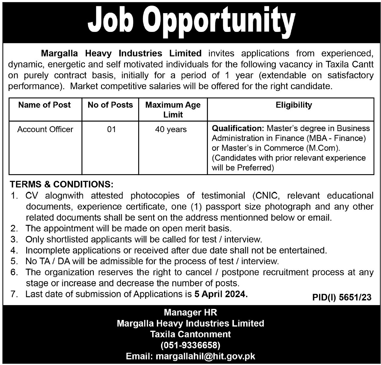 Margalla Heavy Industries Taxila Job Opportunities March 2024
