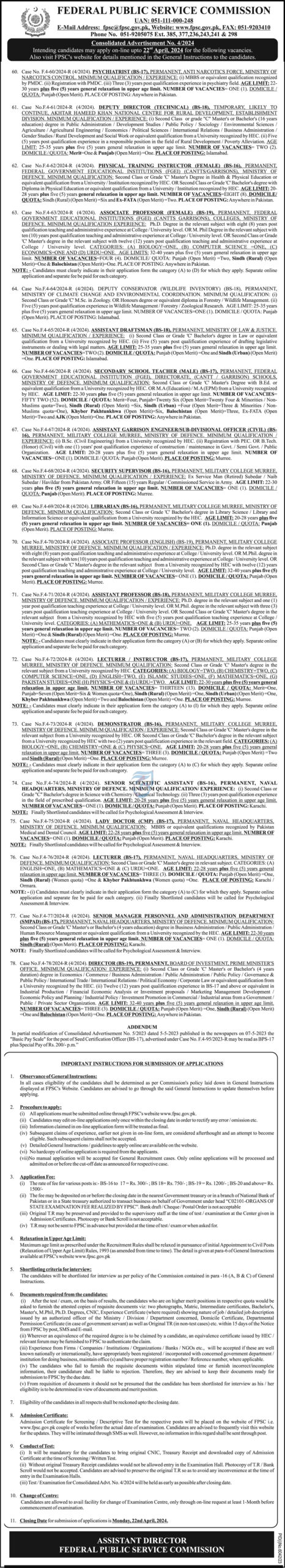 FPSC Consolidated Advertisement No. 4/2024 Jobs 2024 