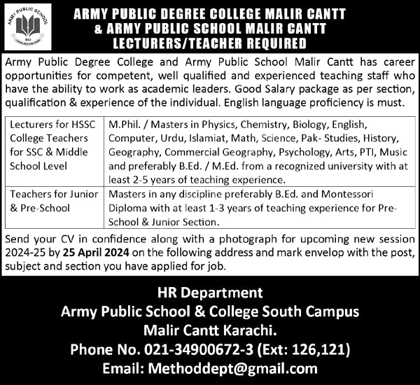 Army Public School & College Jobs 2024 