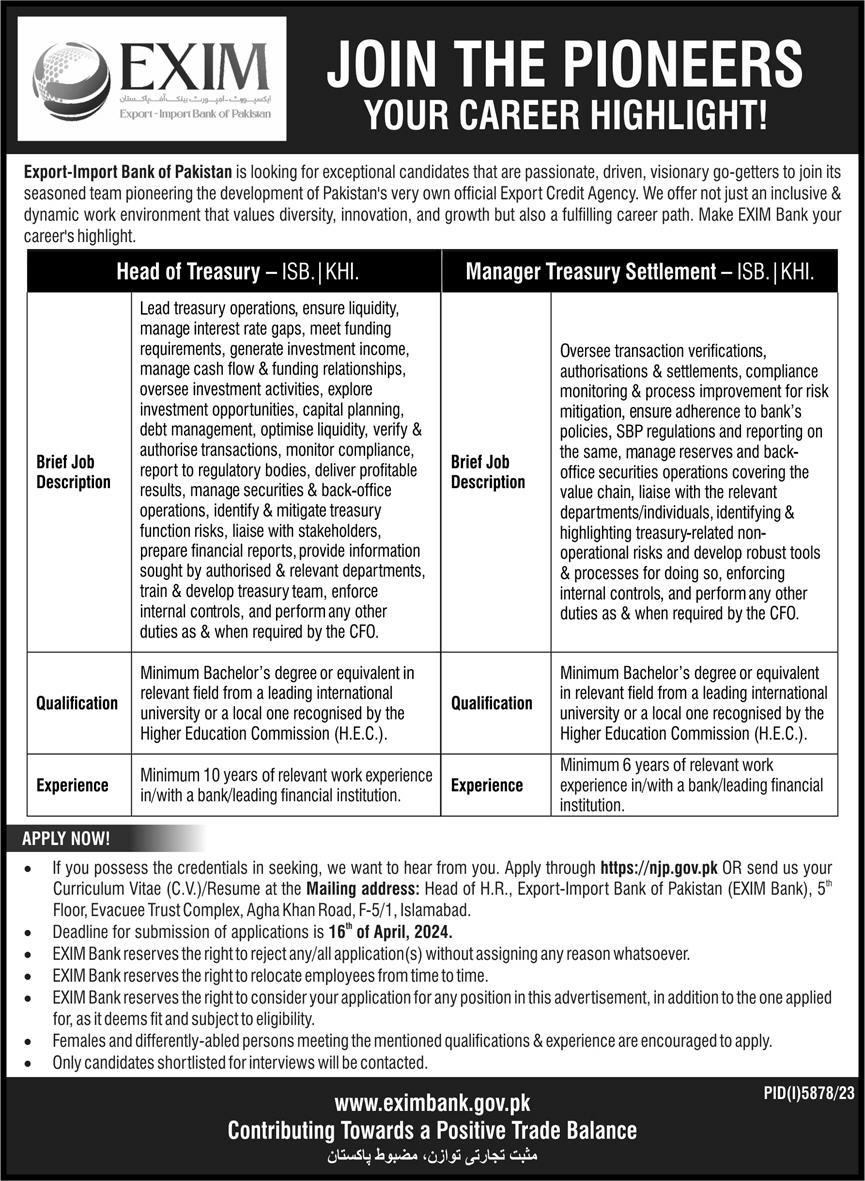 Exim Bank of Pakistan Islamabad Jobs April 2024