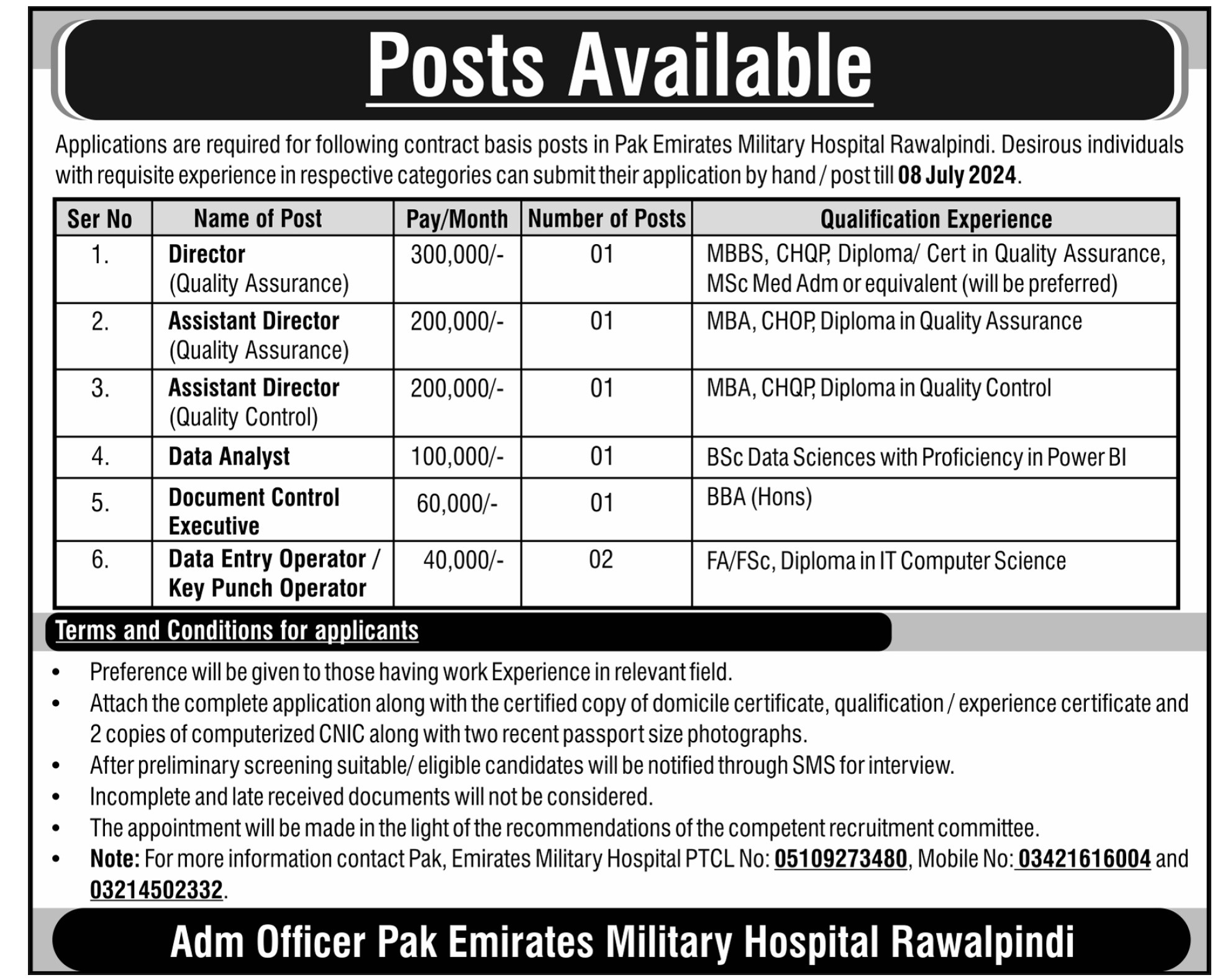 Pak Emirates Military Hospital Rawalpindi Jobs 2024