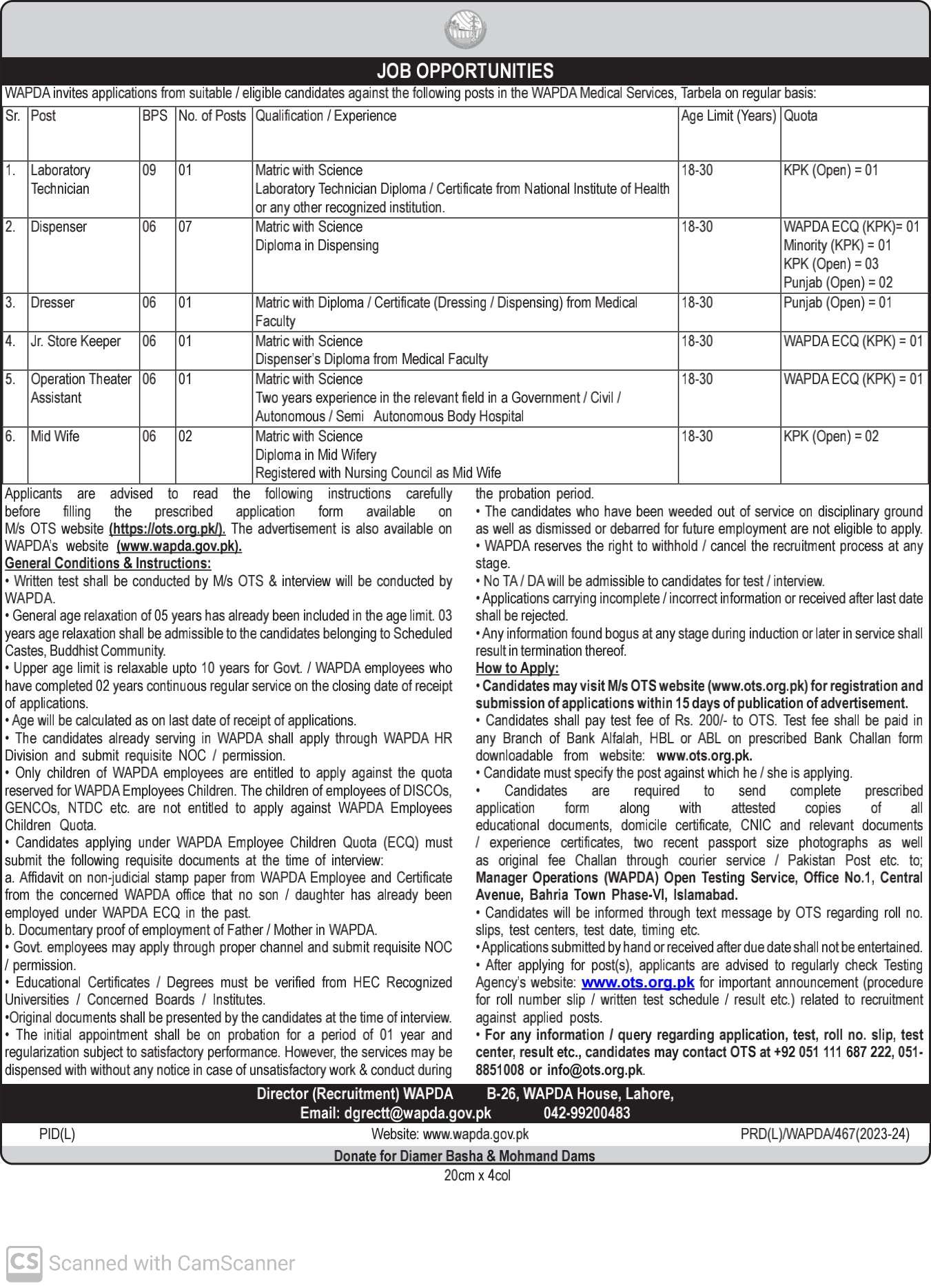 WAPDA Lahore ( Matric Pass ) Jobs 2024