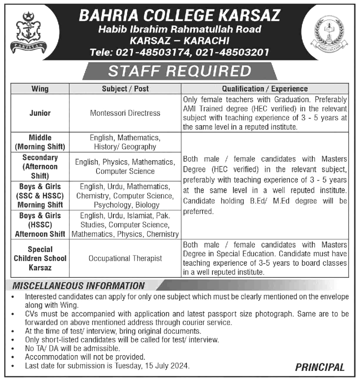 Bahria College Karsaz Karachi Latest Jobs July 2024