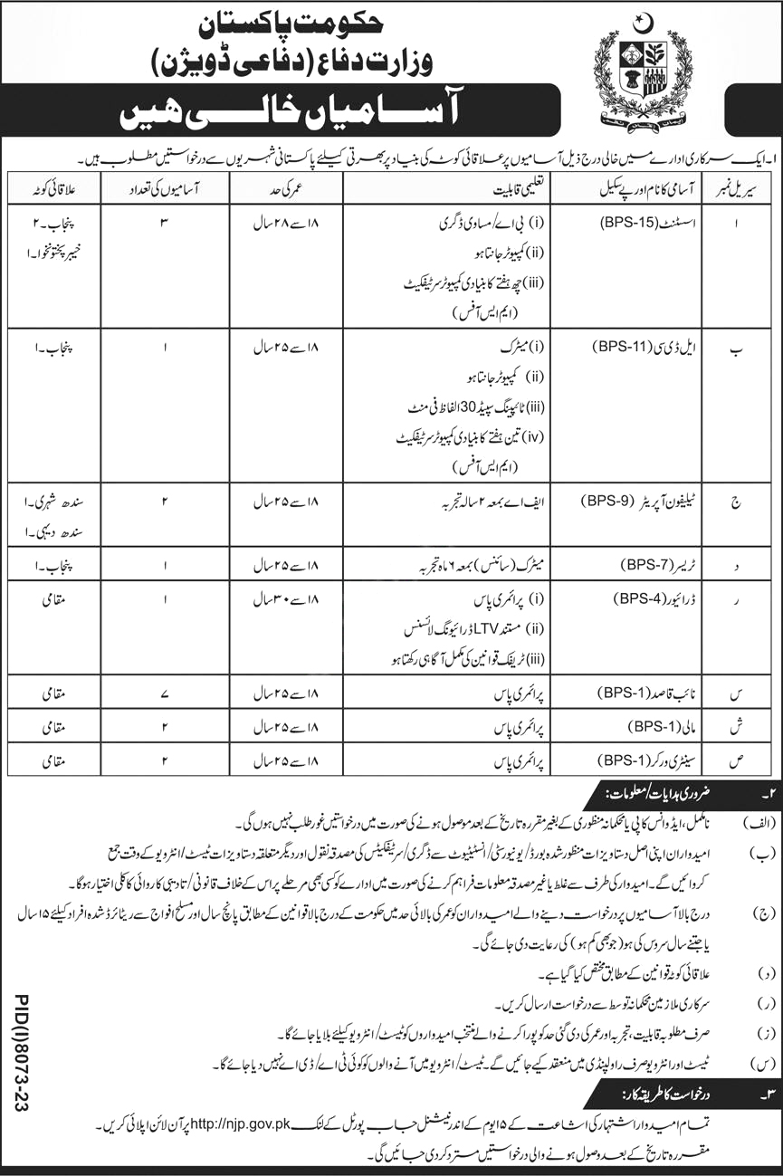 Ministry Of Defence Islamabad Jobs 2024