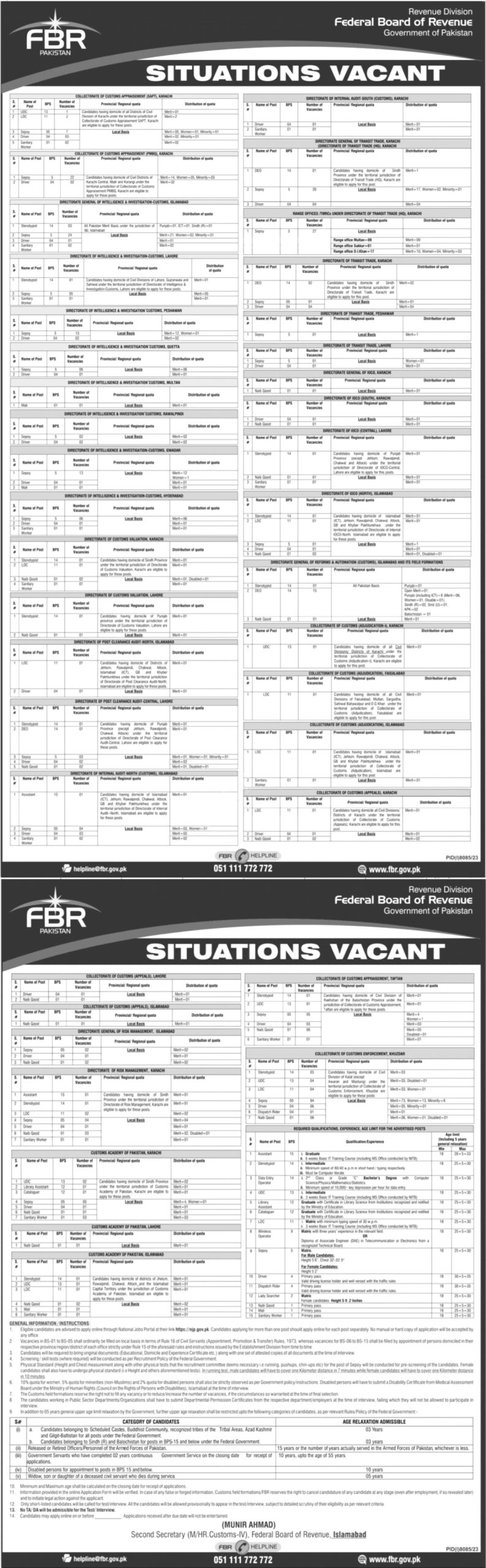 Advertisement Federal Board Of Revenue FBR Jobs 2024