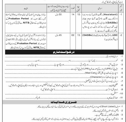 Advertisement For Ministry of Defence Pakistan Armed Services Board Jobs 2023