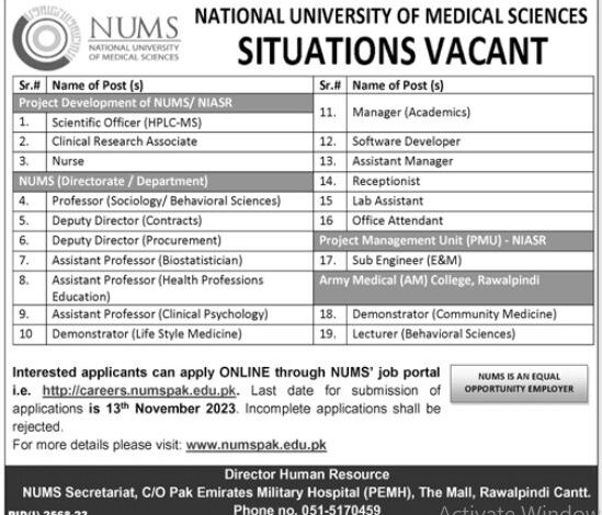 Advertisement For NUMS National University of Medical Sciences Jobs 2023