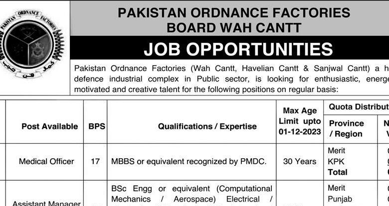 Advertisement For POF Pakistan Ordnance Factories Wah Cantt Career Opportunities 2023