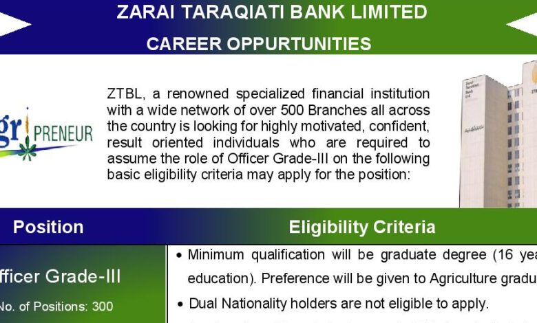 ZTBL Zarai Taraqiati Bank Limited Officers Grade III Job Opportunities 2023