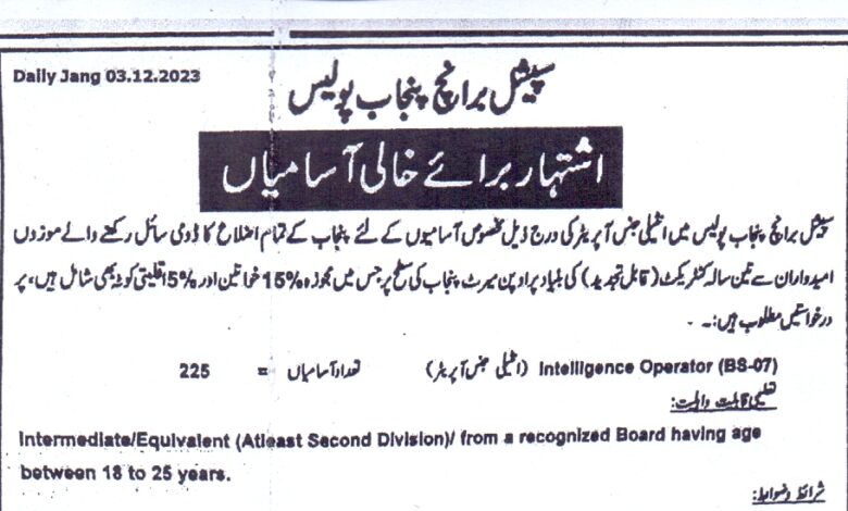 Advertisement For Punjab Police Special Branch Intelligence Operator Jobs December 2023