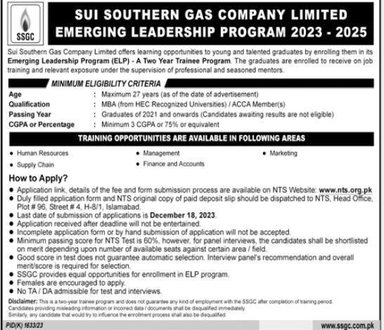 Sui Southern Gas Company Limited SSGC Training Program 2023
