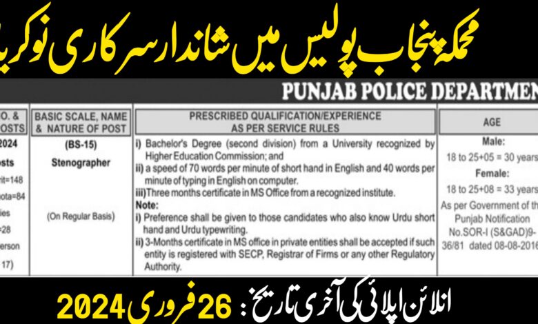 Punjab Police Department Stenographer Job Opportunities 2024