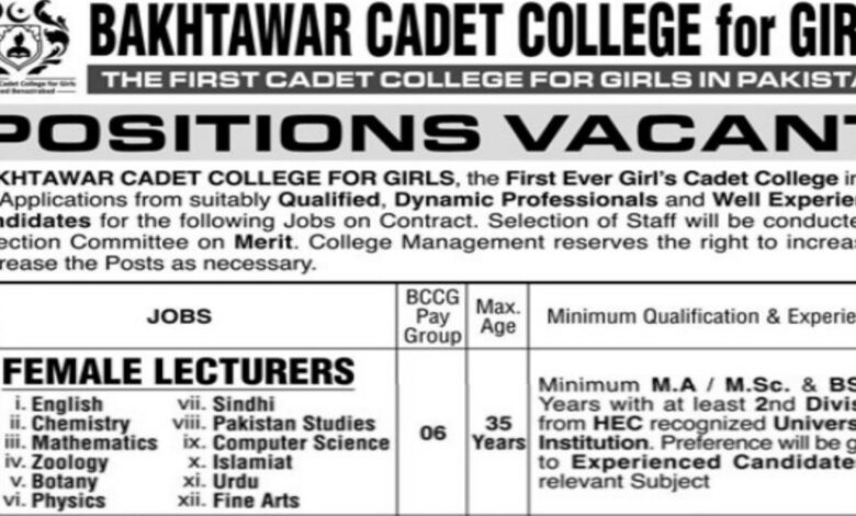 Bakhtawar Cadet College Nawabshah Latest Job Opportunities 2024