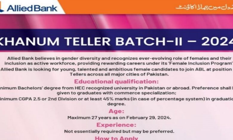 Allied Bank Limited Khanum Teller Batch-II Latest Career Opportunities 2024