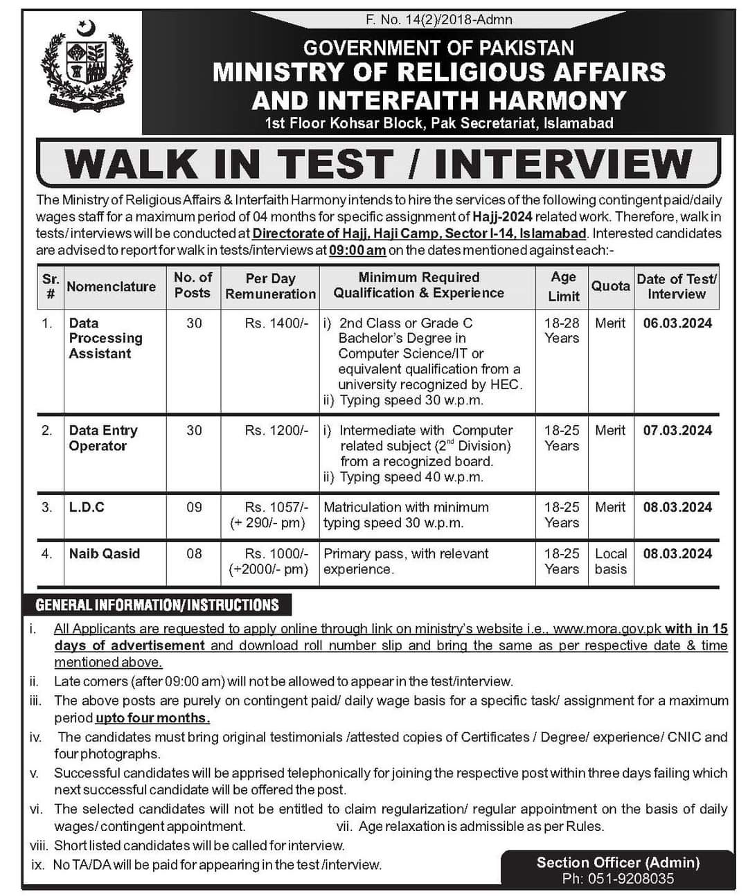Advertisement For Ministry of Religious Affairs Amazing Career Opportunities 2024 