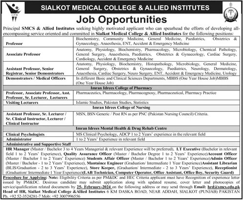Advertisement Sialkot Medical College Latest Job Opportunities February 2024