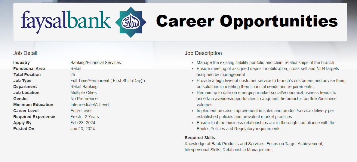 Faysal Bank Limited Relationship Officer Jobs 2024 