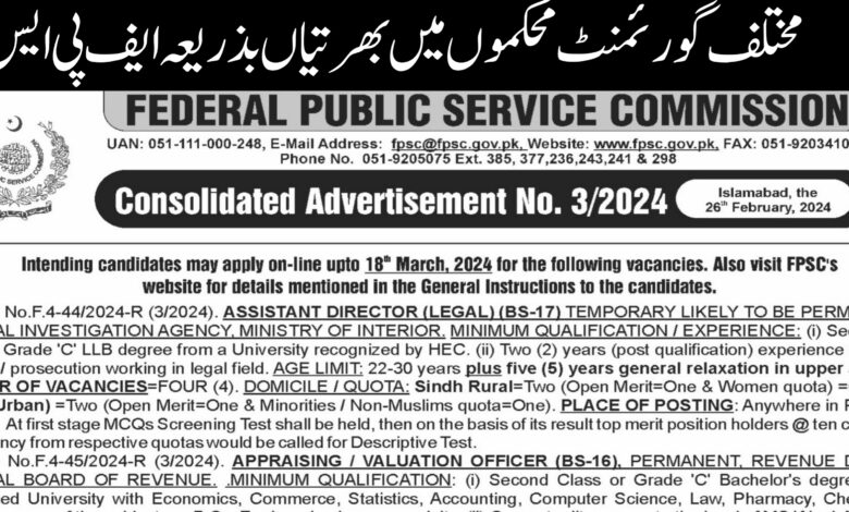 FPSC Consolidated Advertisement No. 3/2024 Latest Job Opportunities 2024