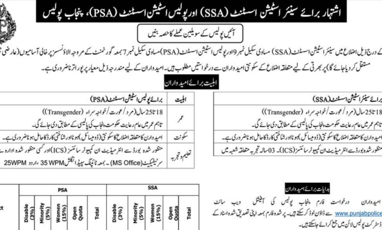 Punjab Police Jobs March 2024 For Senior Station Assistant & Police Station Assistant
