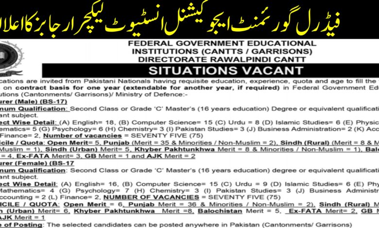Federal Government Educational Institutions Male Female Lecturer Jobs 2024