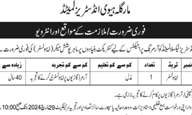 Margalla Heavy Industries Limited Taxila Latest Job Opportunities 2024