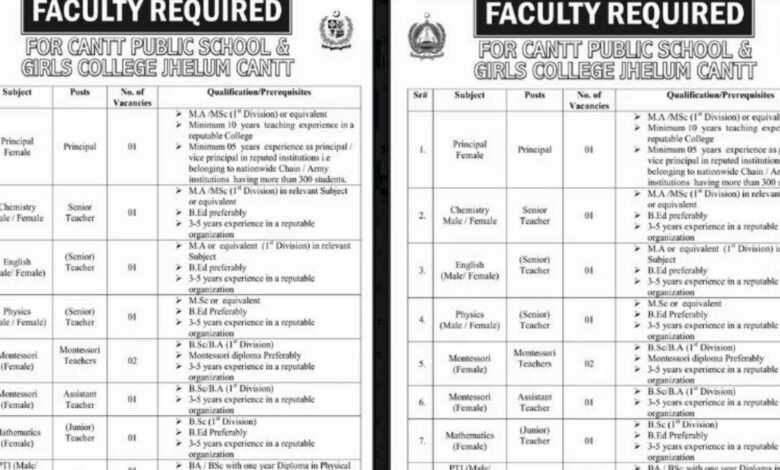 Cantt Public School And Girls College Jobs 2024