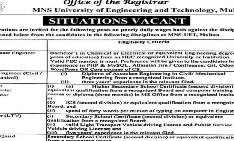 MNS University of Engineering and Technology Multan Jobs 2024