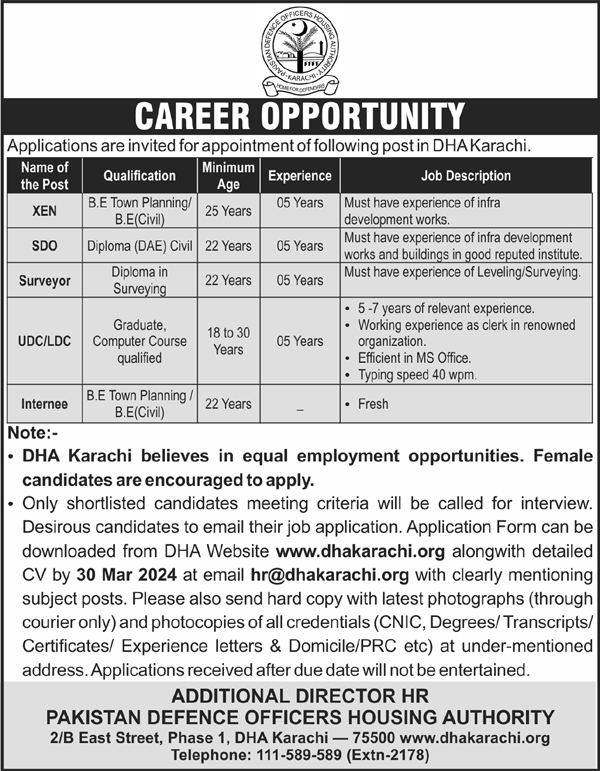 DHA Karachi Jobs 2024 For XEN, SDO, CLERK