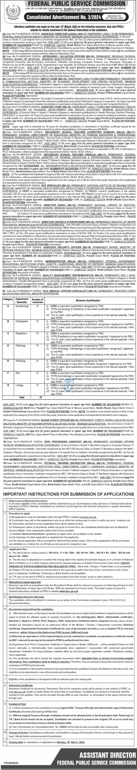 FPSC Consolidated Advertisement No. 3/2024 Latest Job Opportunities 2024