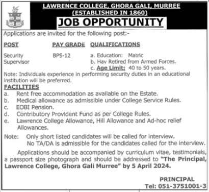 Lawrence College Murree BPS-12 Latest Job Opportunities 2024
