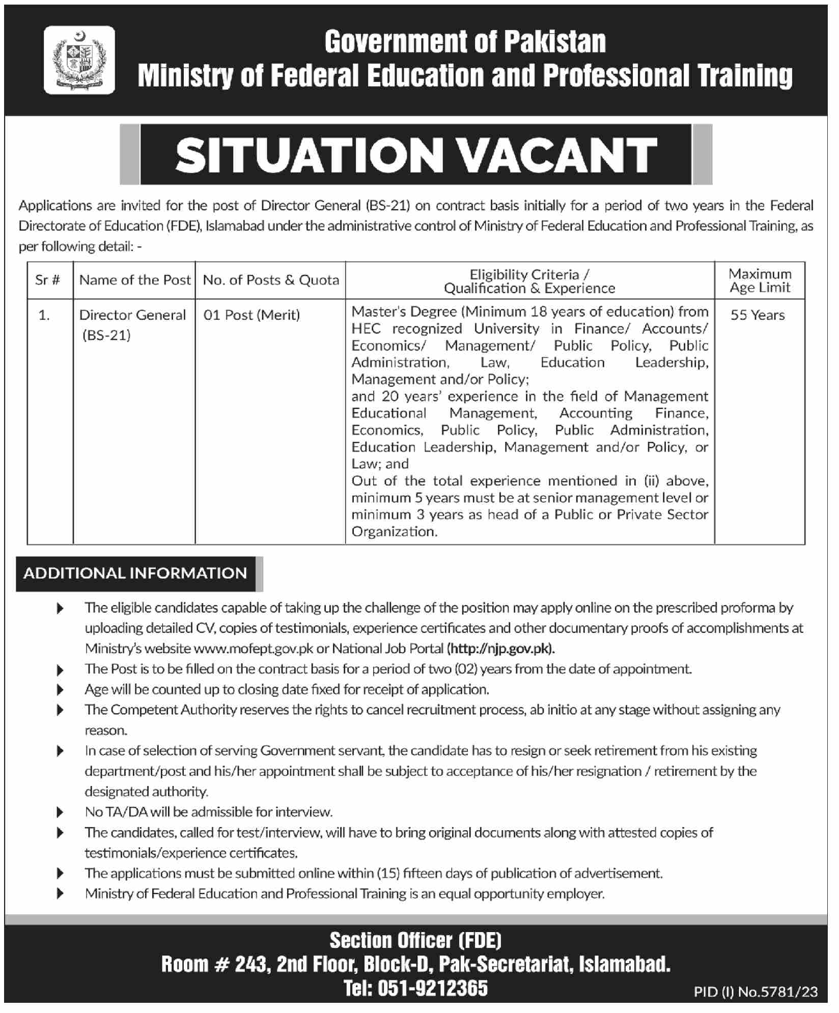 Ministry of Federal Education & Professional Training Islamabad Jobs 2024