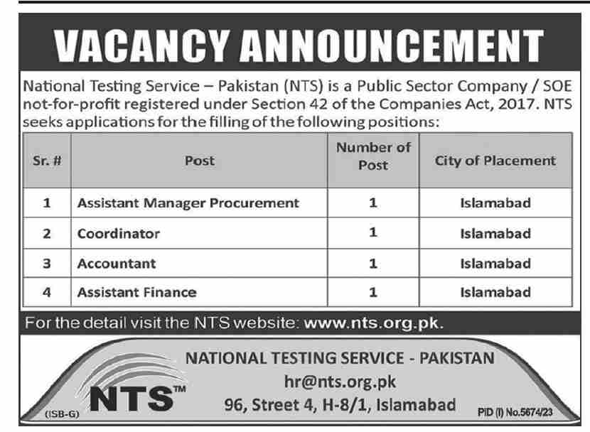 NTS Islamabad Latest Jobs 2024