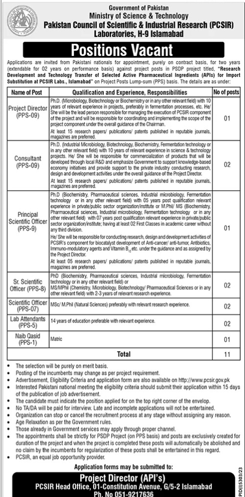 PCSIR Islamabad Latest Career Opportunities 2024 