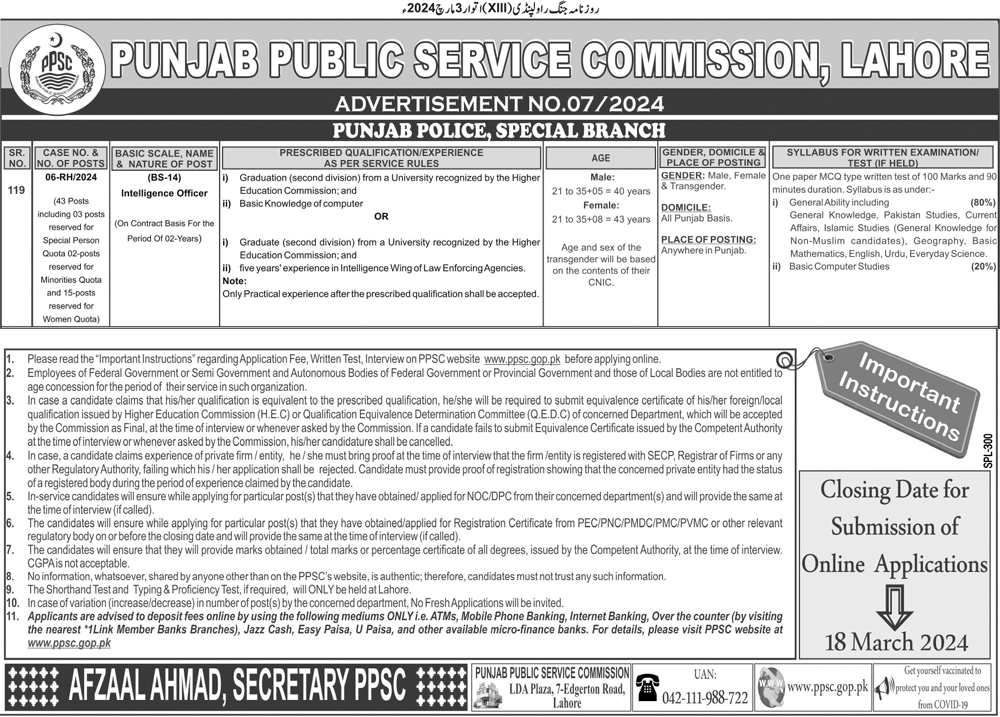 Special Branch Punjab Police Intelligence Officer (BS-14) Latest Job Vacancies March 2024