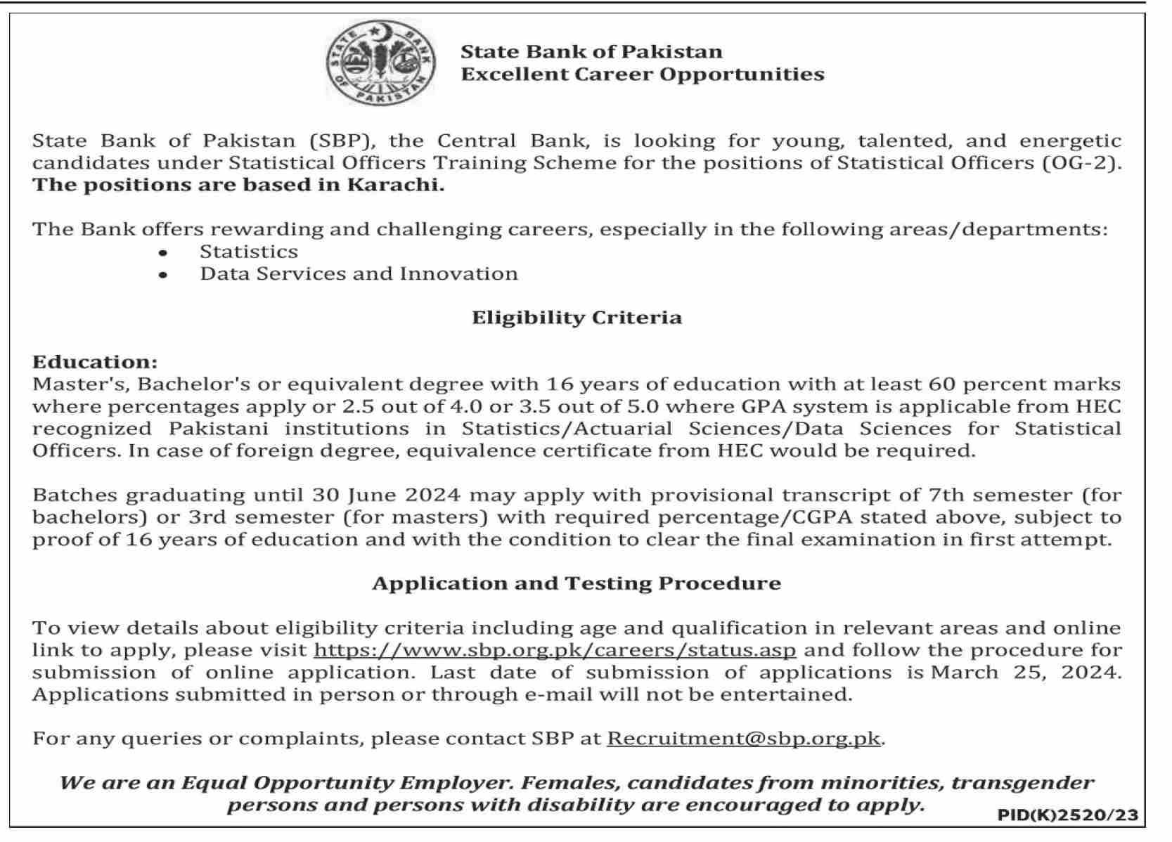 State Bank of Pakistan Excellent Career Opportunities March 2024