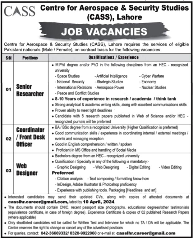 CASS Lahore Jobs 2024 