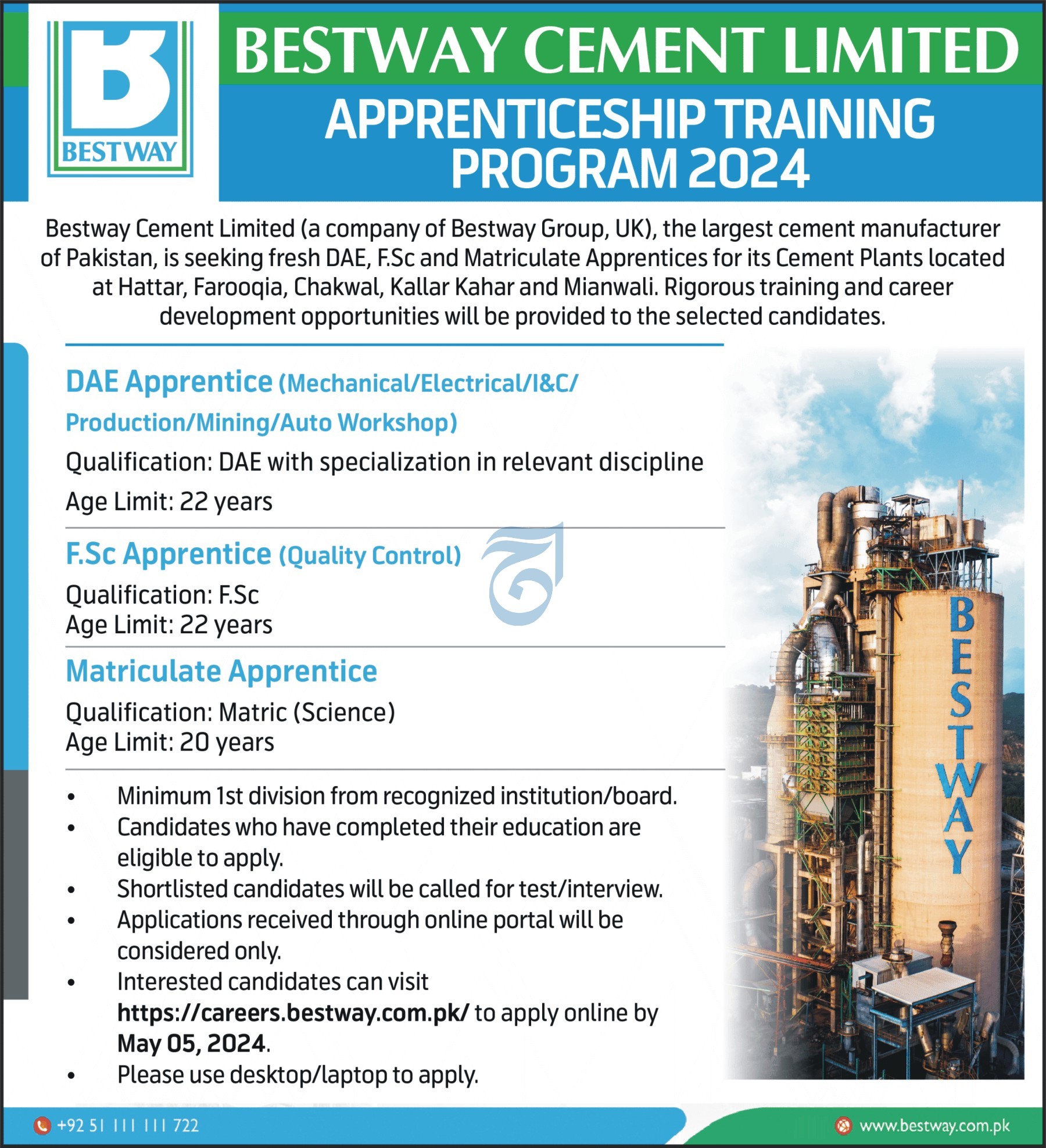 Bestway Cement Limited Apprenticeship Training Program 2024