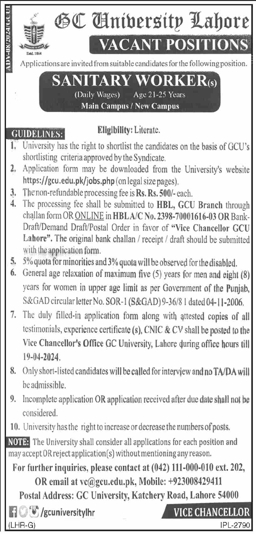 GCU Lahore Jobs 2024