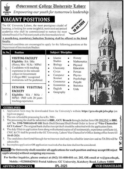 Government College University GCU Lahore Jobs 2024