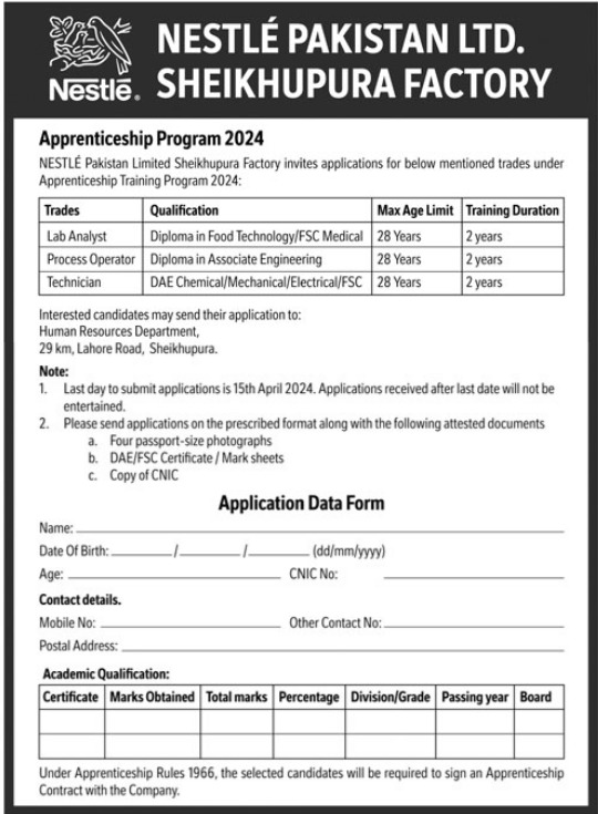 Nestle Pakistan Apprenticeship Program 2024