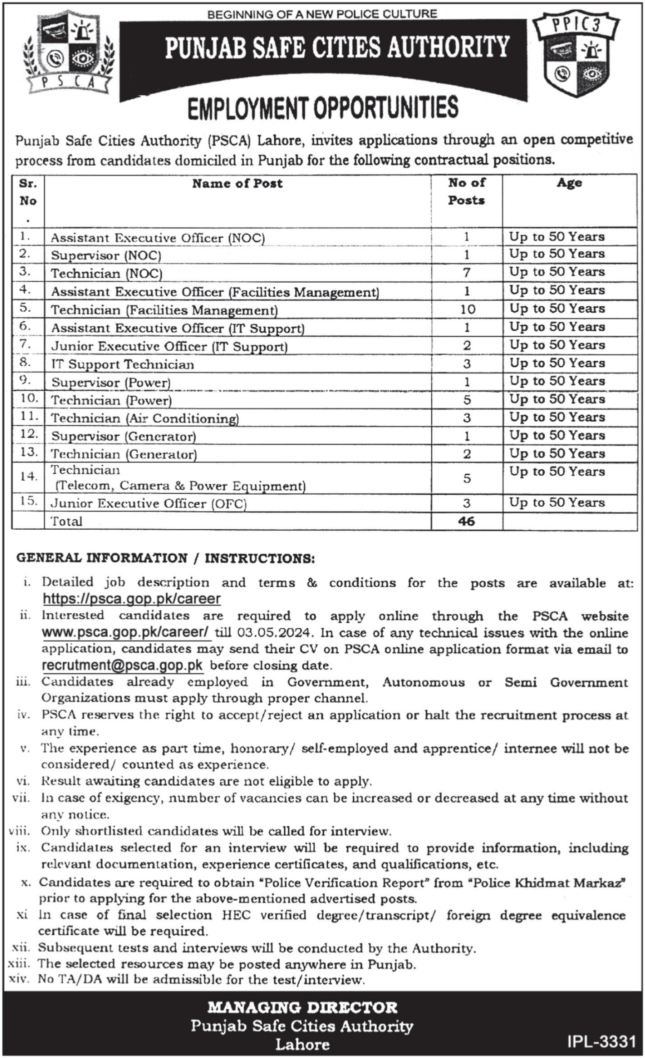 PSCA Lahore Jobs 2024