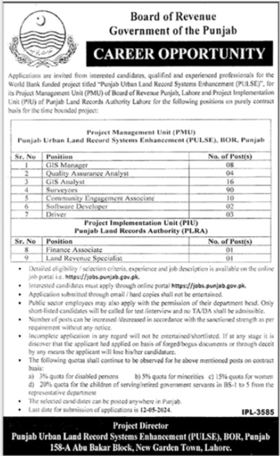 Punjab Board of Revenue Lahore Jobs 2024