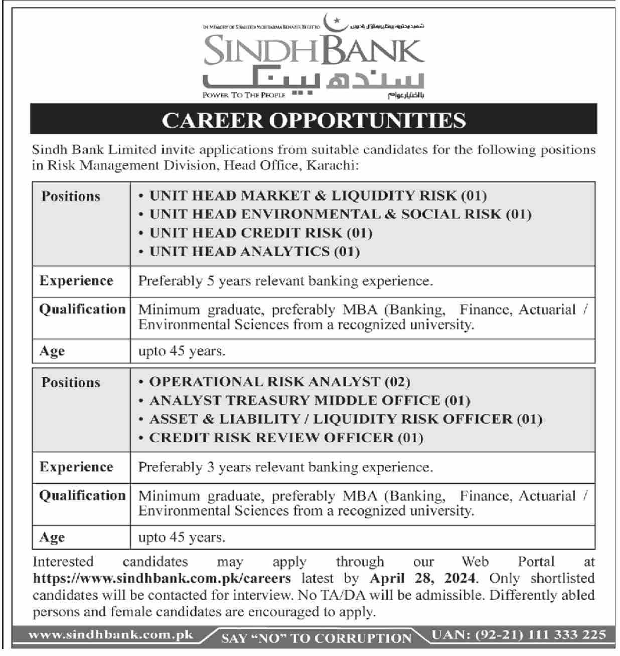 Sindh Bank Career Opportunities 2024 