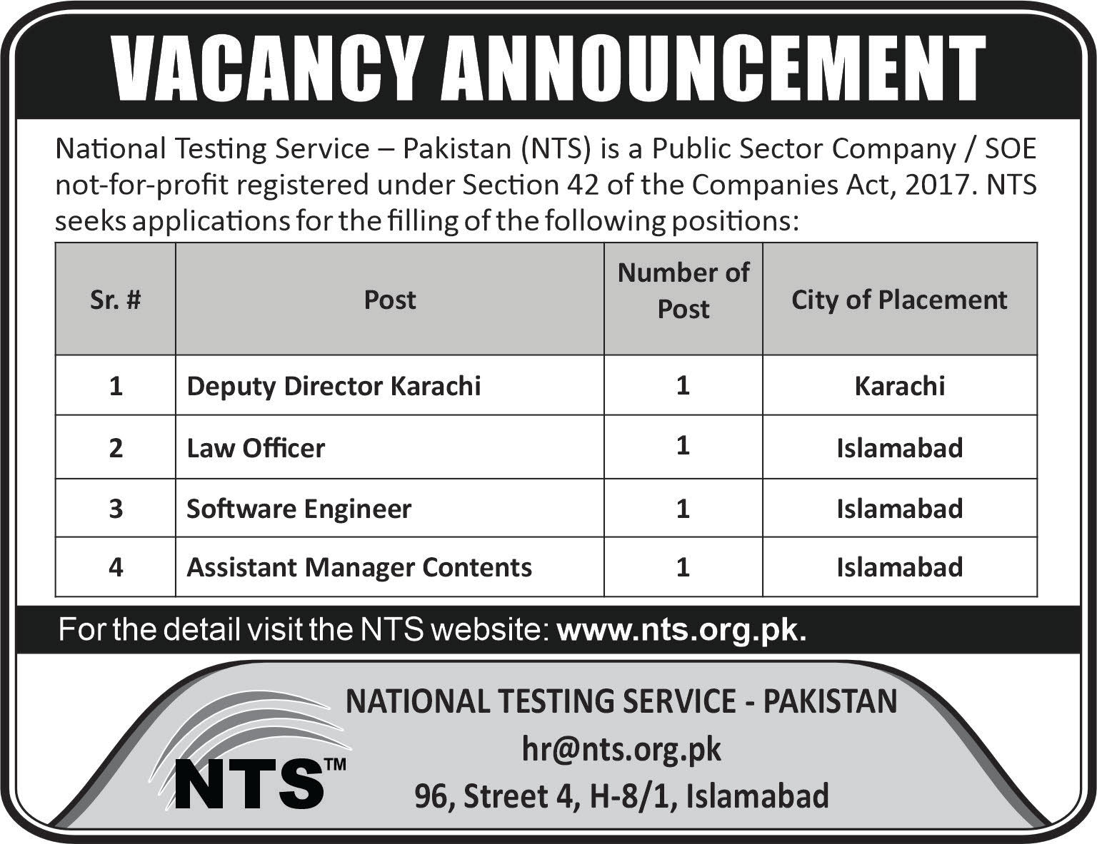 National Testing Service Pakistan NTS Islamabad Jobs 2024
