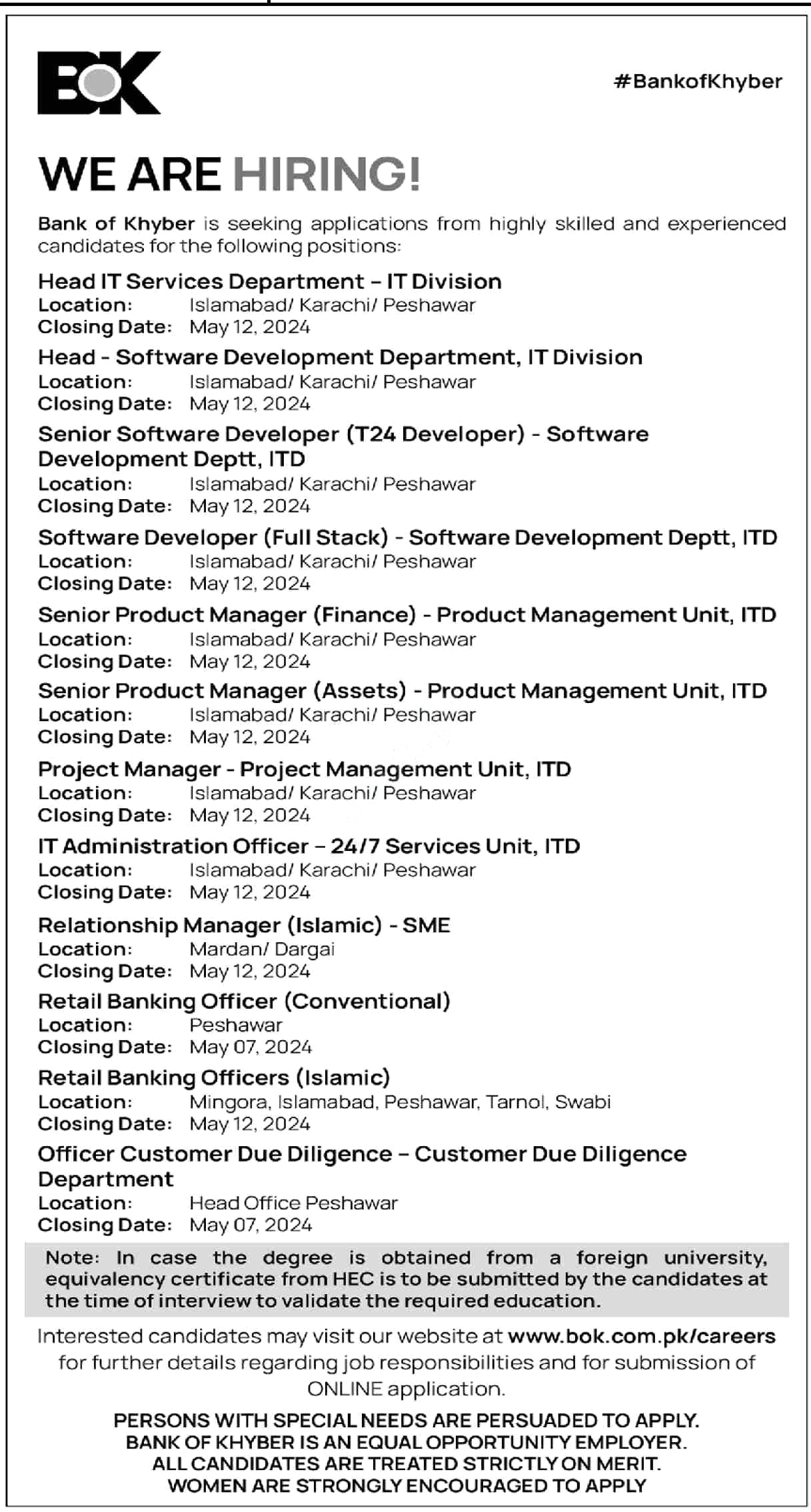 The Bank of Khyber BOK Jobs 2024