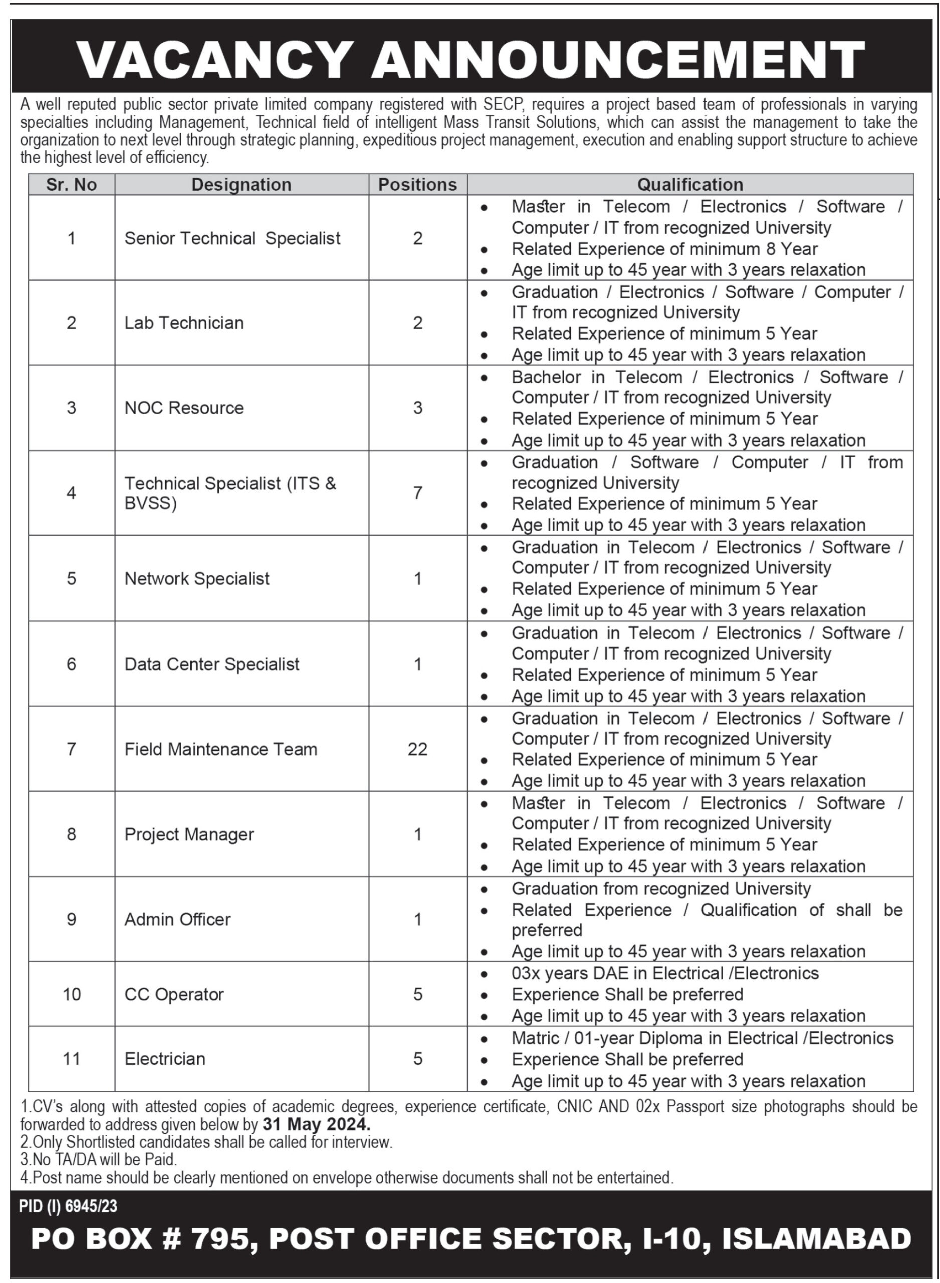 Public Sector Private Limited Company PO BOX 795 Islamabad Jobs 2024